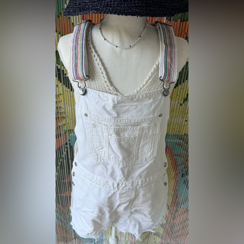 American Eagle Outfitters White Denim Short Overalls with Striped Straps